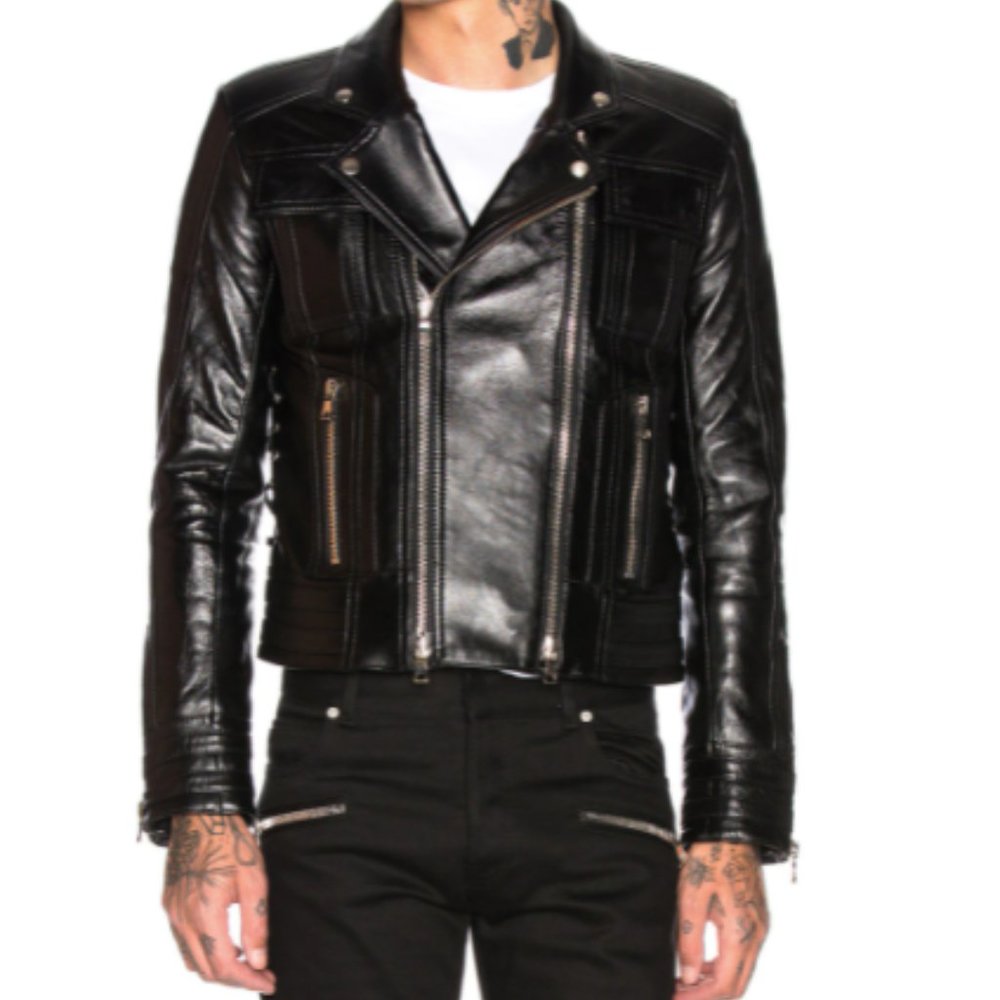 Men Balmain Leather Bomber Jacket